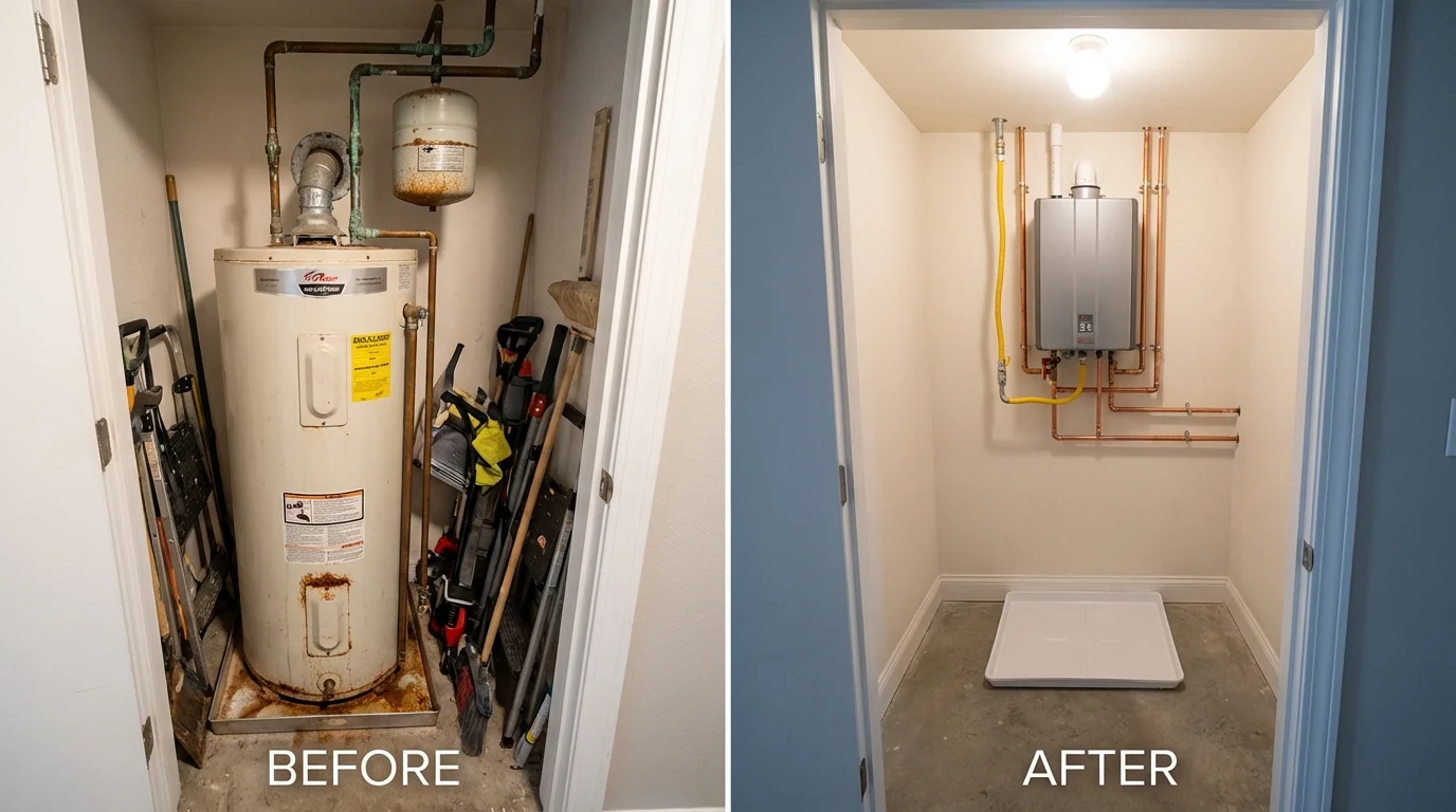 Tank water heater versus wall-mounted tankless unit comparison for Denton, TX homeowners