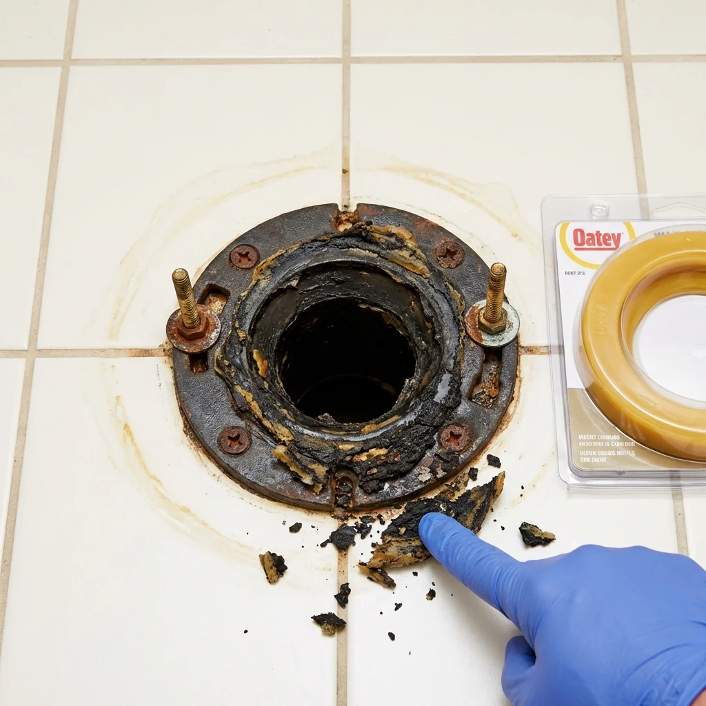 Failed wax ring showing water seepage at the base of a toilet in a Denton, TX home