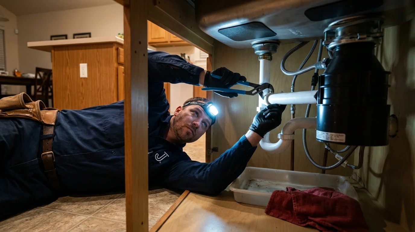 P-trap and supply line connections under a kitchen sink showing a common leak point in Denton, TX